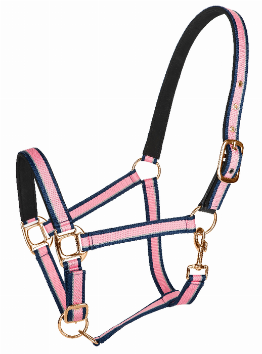 Tuffrider Adjustable Nylon Breakaway Halter With Padded Crown And Rose Gold Hardware- Hot Pink/navy/gray