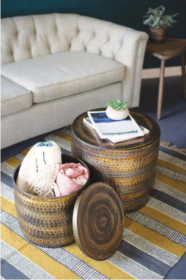 S Of 2 Hammered Rustic Copper & Brass Finish Storage Tables