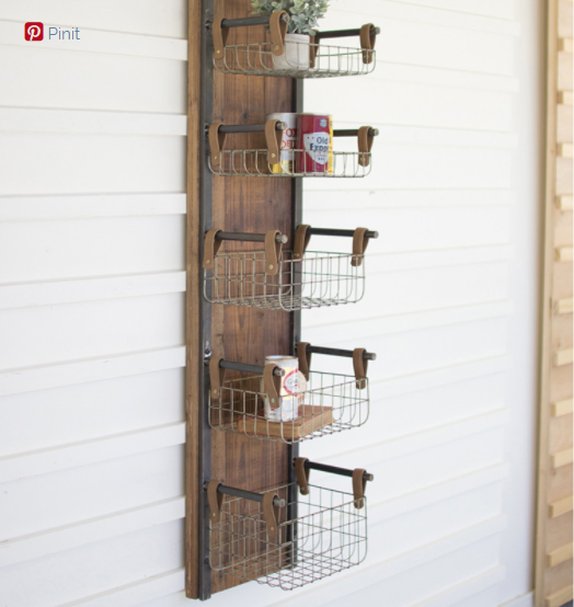 Recycled Wood & Metal Wall Rack W Six Wire Storage Baskets 9.5" X 12.5" X 56"t