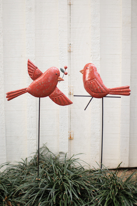 Set Of Two Hand-hammered Red Bird Yard Stakes