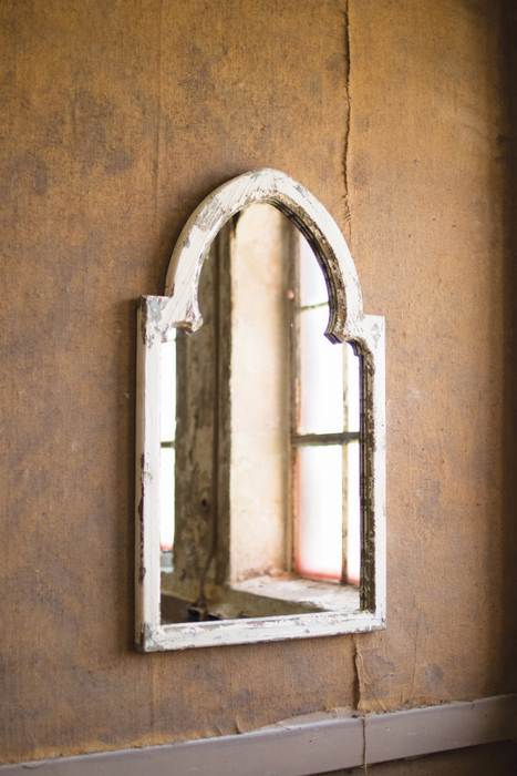 White Wood Framed Mirror With Gold Accent