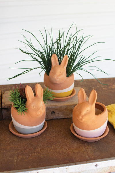 Set Of Three Clay Bunny Planters