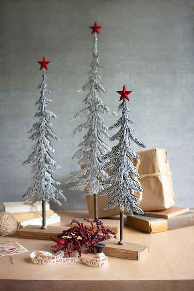 Set Of Three Metal Christmas Trees On Wooden Bases