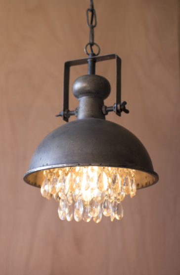 Metal Pendant Lamp With Hanging Gems 10"d X 13.5"t