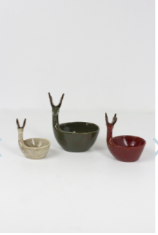 Set Of Three Ceramic Deer Bowls-one Each Color