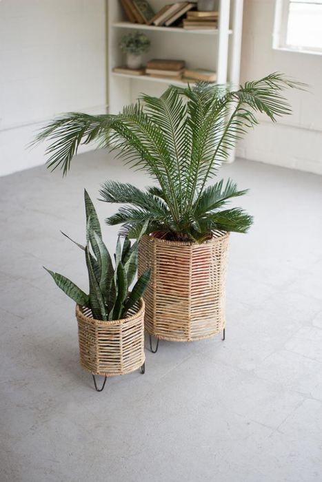 Set Of Two Woven Rush And Iron Baskets