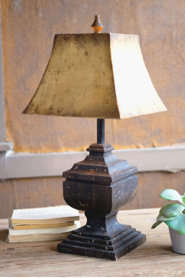 Black Wooden Table Lamp With Antique Gold Metal Shade 12.5" X 12.5" X 28"t