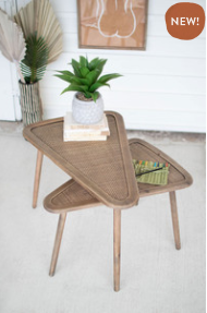 Set Of 2 Wooden Triangle Nesting Tables W Woven Rattan Tops Large 39" X 23.5" X 24"t