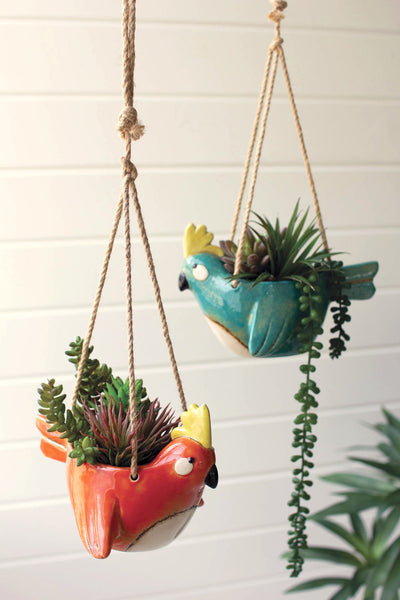 Set Of Two Ceramic Birds Hanging Planters