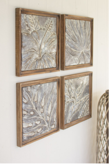 Set Of 4 Framed Tropical Pressed Metal Tiles 18" X 18"t