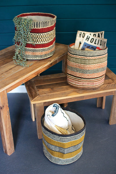 Set Of 3 Multi-colored Woven Jute Baskets Without Handles