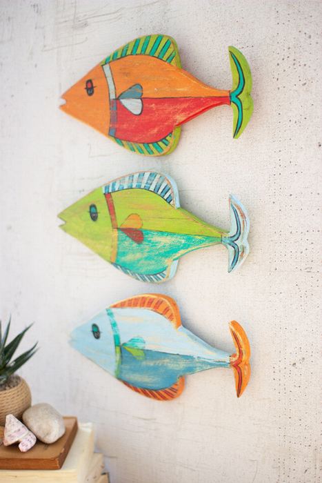 Set Of Three Painted Wooden Fish Wall Hangings