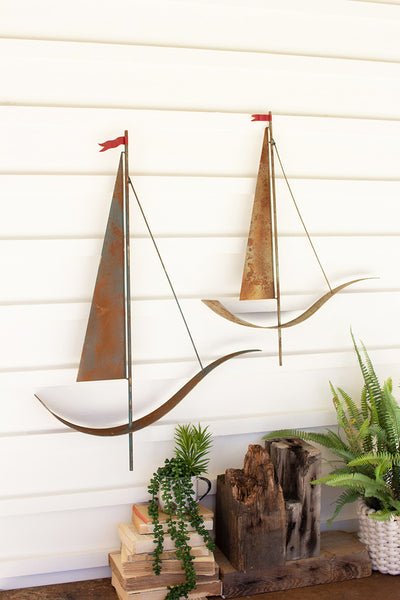 Set Of Two Painted Metal Sailboat Wall Hangings