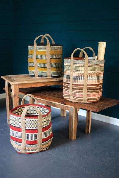 Set Of Three Multi-colored Woven Jute Baskets With Handles