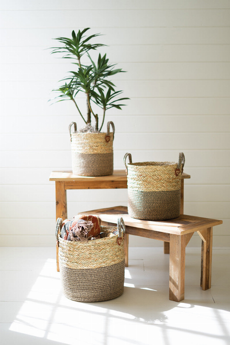 Set 3 Woven Round Seagrass Baskets W Brown Base And Handles