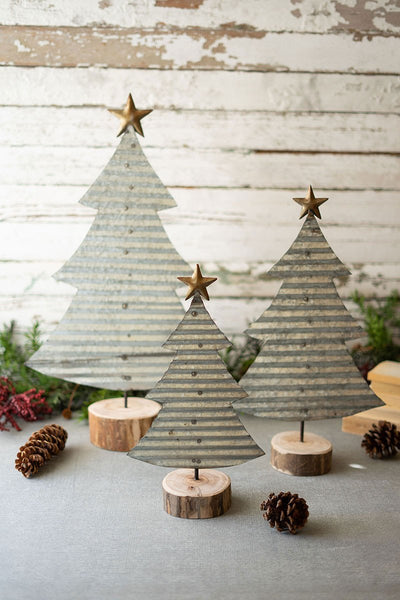 Set Of 3 Corrugated Galvanized Christmas Trees On Wood Base