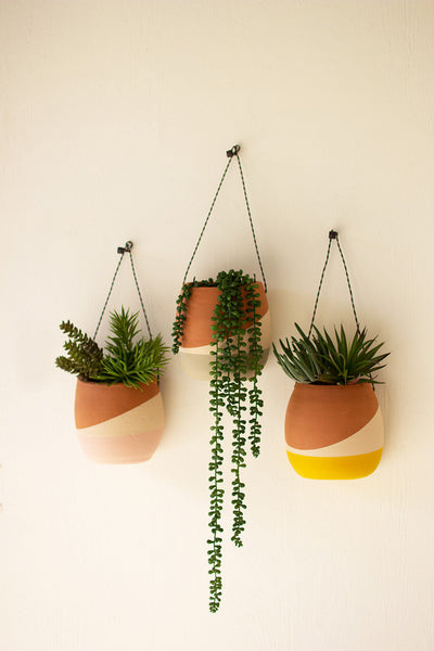 Set Of Three Clay Wall Pocket Planters With Wire Hangers