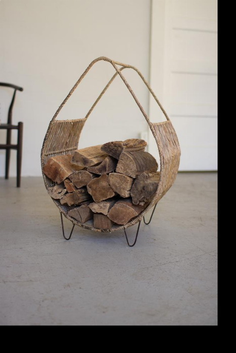 Woven Rush And Metal Firewood Rack With Tall Handle