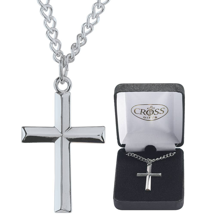 Silver Plated Beveled Cross Necklace