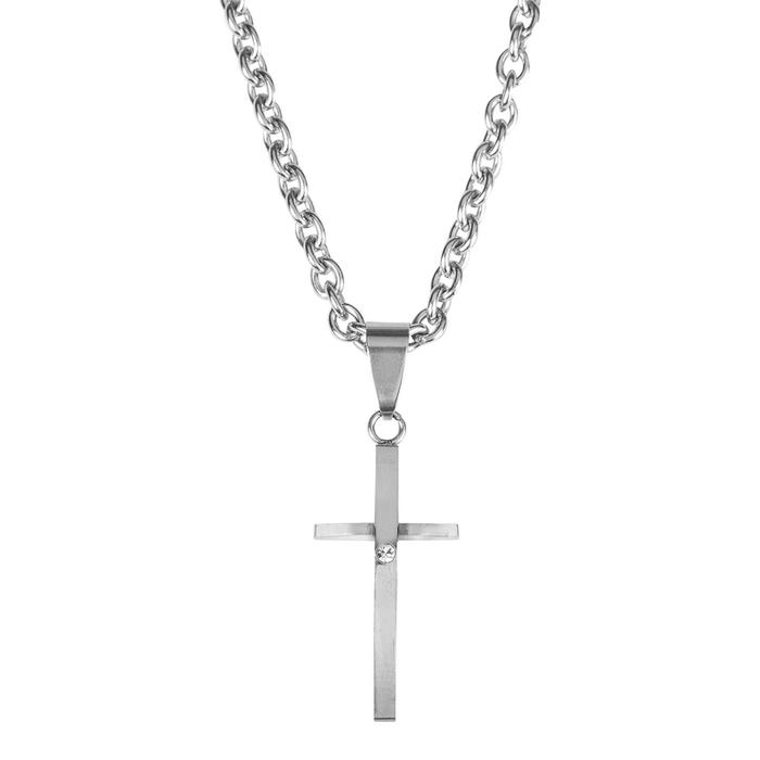 Stainless Steel Raised Cross With Stone Necklace