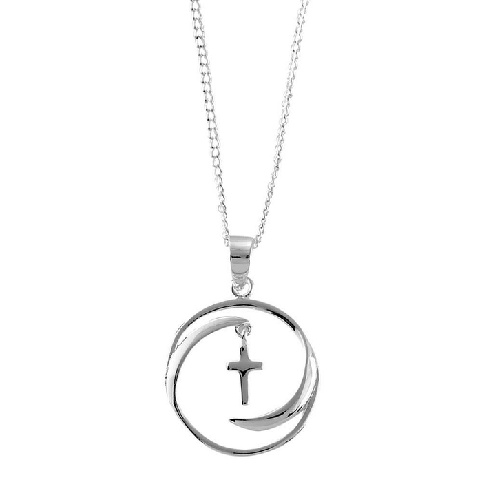 Silver Plated Cirlce With Cross Dangle Necklace