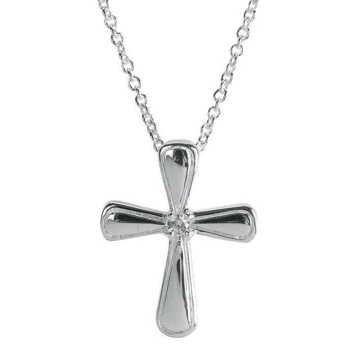 Silver Plated Petal Cross With Cz Necklace