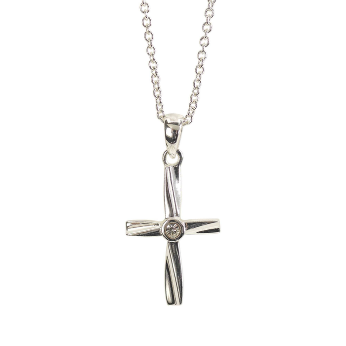 Silver Pl Rbbon Cross W/crystal Necklace