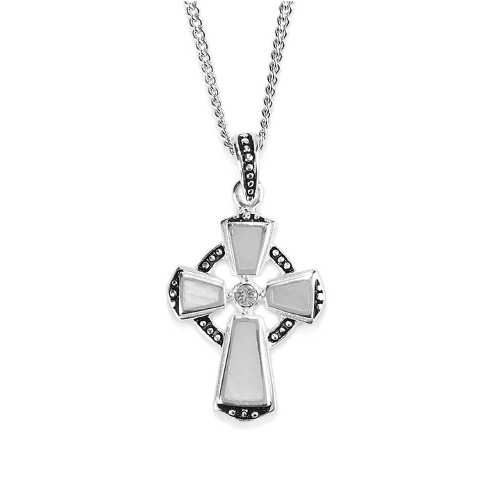 Silver Plated Celtic Mother Of Pearl Box Cross Necklace