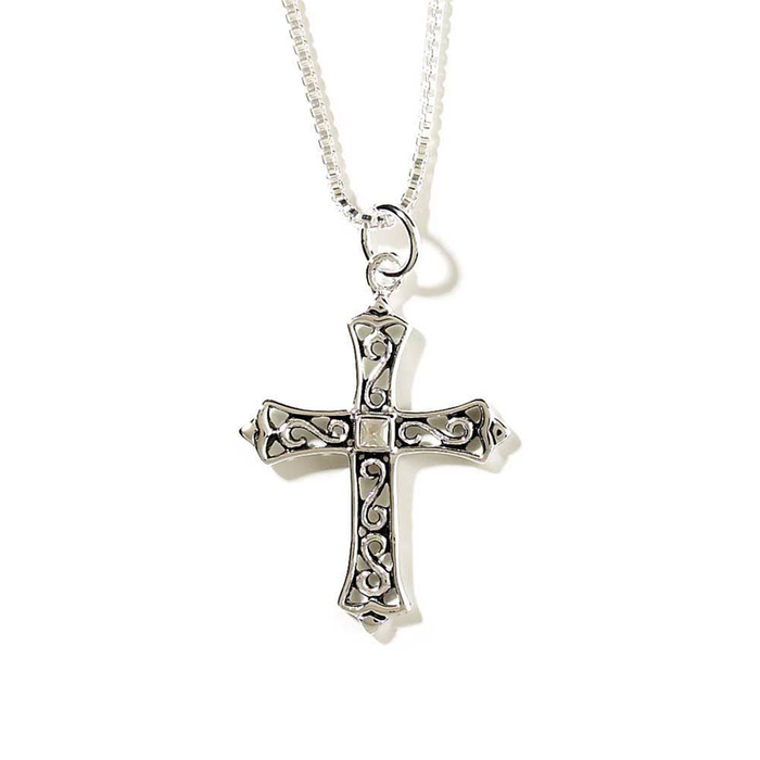 Open Scroll Budded Cross With Square Center Necklace