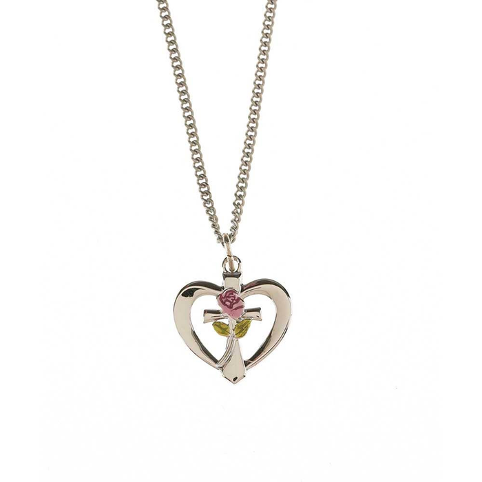 Silver Plated Heart Cross With Rose Necklace