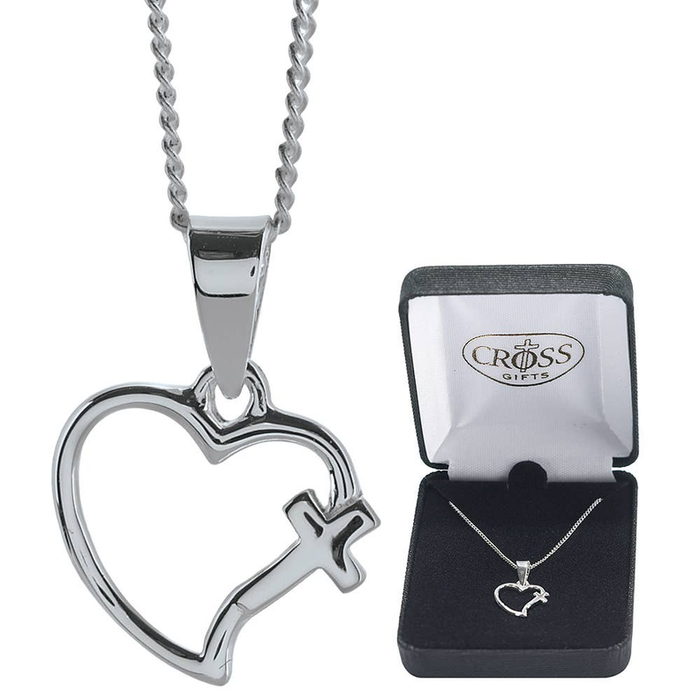 Silver Plated Open Heart With Cross Necklace