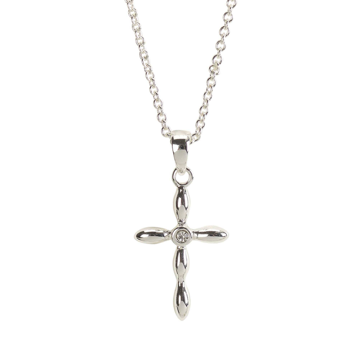 Silver Pl Petal Cross W/crystal Necklace