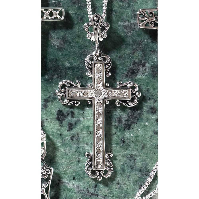 Silver Plated Fancy Budded Cross With Stones Necklace