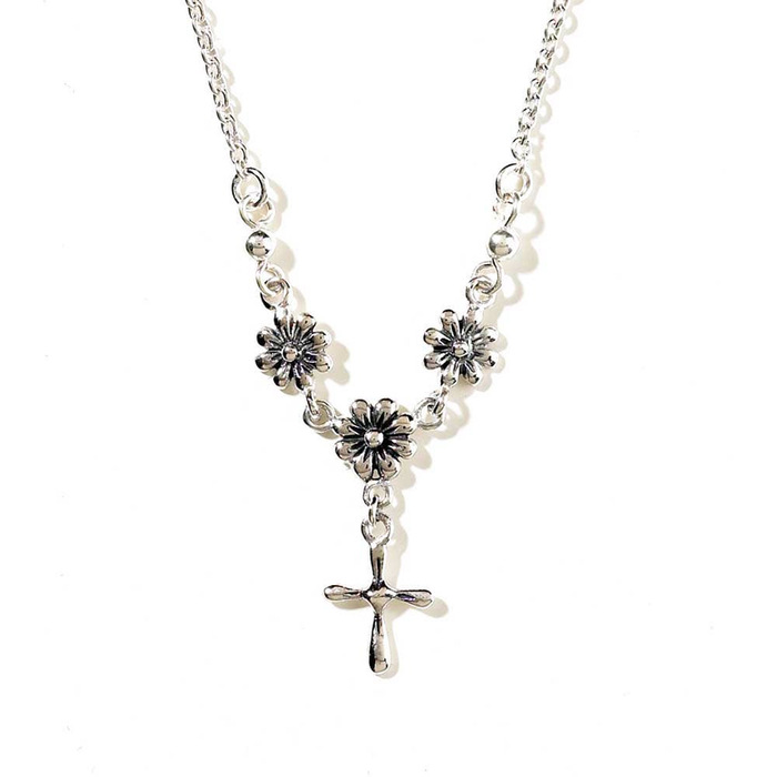 Silver Plated Cross With Flowers Necklace