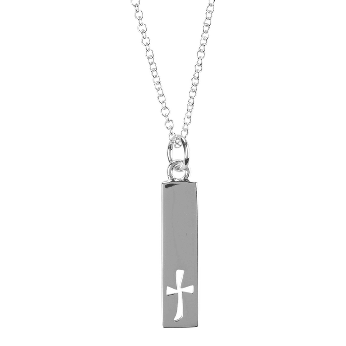 Silver Plated Mini Rectangle With Cutout Cross Necklace