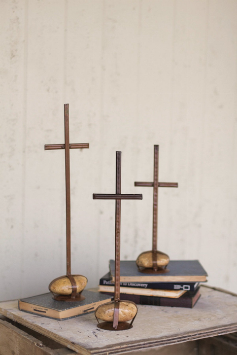 Set Of Three Scrap Metal Crosses With Caged Rock Bases