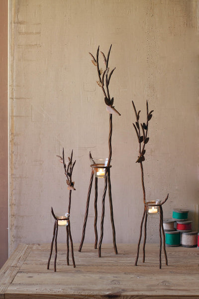 Set Of Three Rustic Iron Reindeer With Tealight Cups