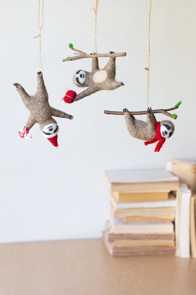 Set Of Three Felt Sloth Christmas Ornaments