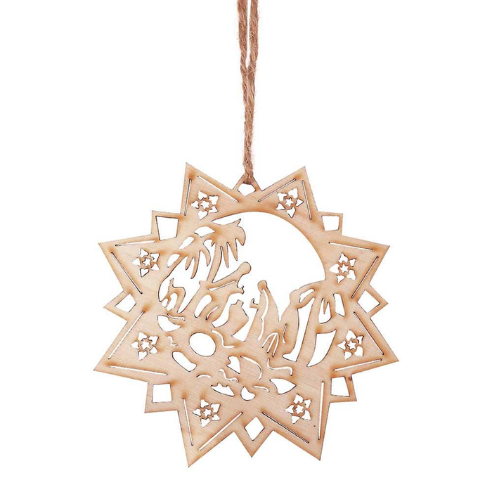 Wood Star Ornament With Cutout Holy Family Palm Trees Design