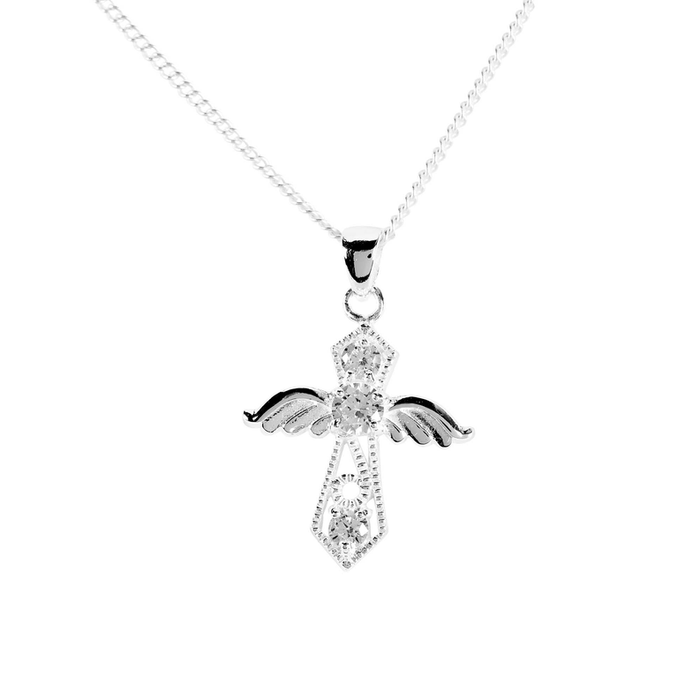 Angel Cross Cz Stones Silver Plate 18"ch