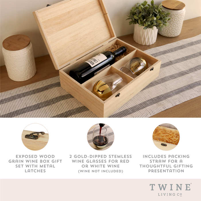 Wood Wine Box With Set Of 2 Stemless Glasses By Twine Living