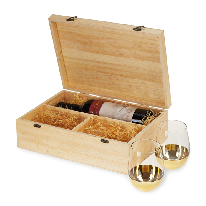 Wood Wine Box With Set Of 2 Stemless Glasses By Twine Living