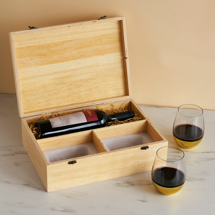 Wood Wine Box With Set Of 2 Stemless Glasses By Twine Living