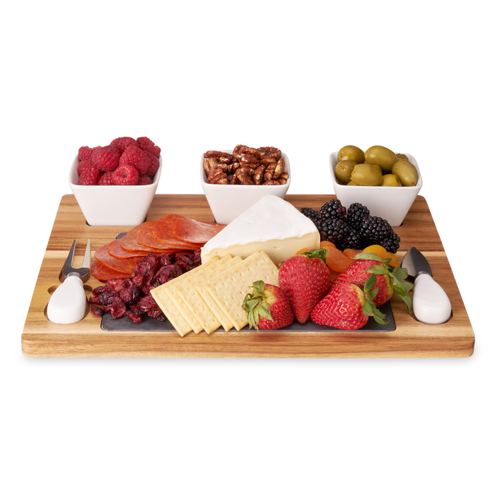 Acacia & Slate Cheese Board Set With Ceramic Bowls By Twine Living