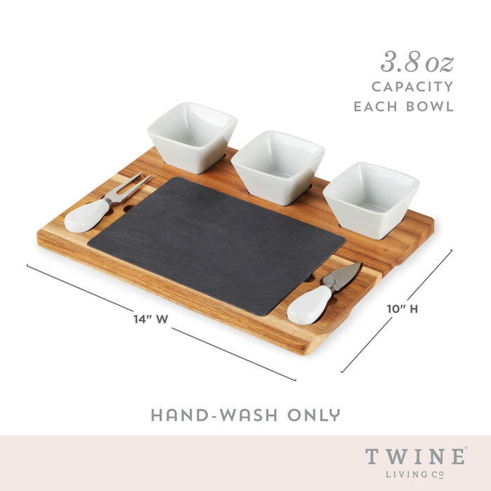 Acacia & Slate Cheese Board Set With Ceramic Bowls By Twine Living