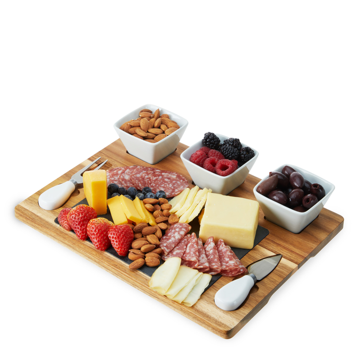 Acacia & Slate Cheese Board Set With Ceramic Bowls By Twine Living