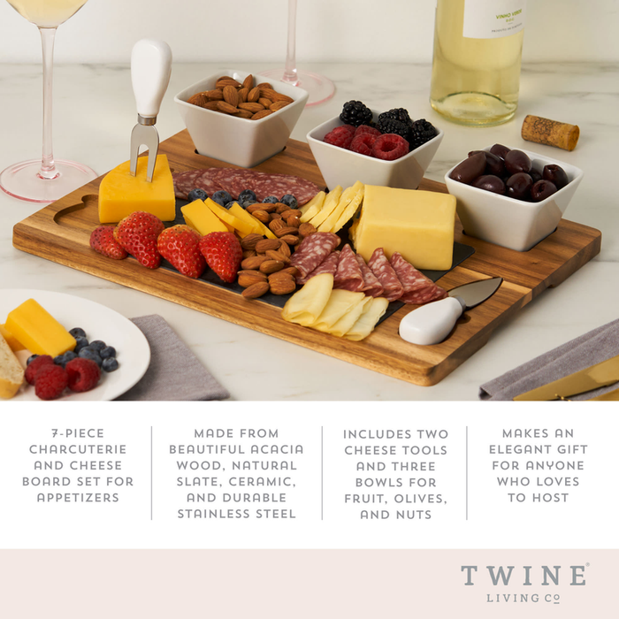 Acacia & Slate Cheese Board Set With Ceramic Bowls By Twine Living