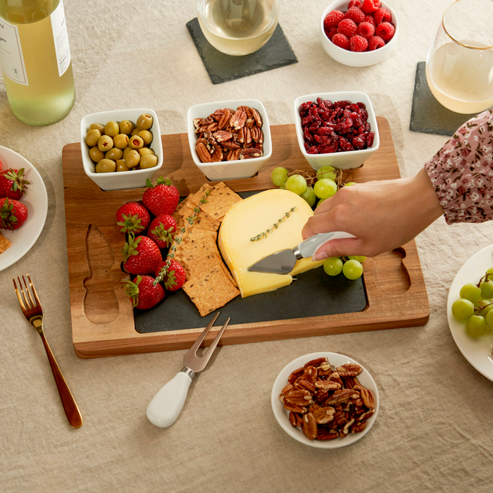 Acacia & Slate Cheese Board Set With Ceramic Bowls By Twine Living