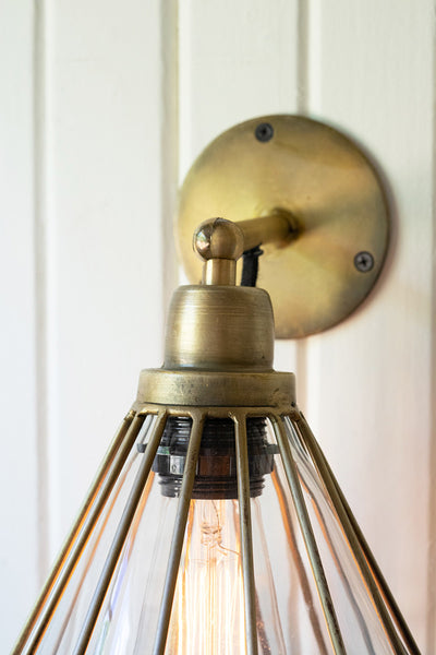 Antique Brass Wall Lamp With Caged Glass Shade