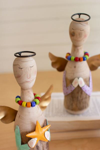 Set Of Three Recycled Wood And Painted Metal Angels